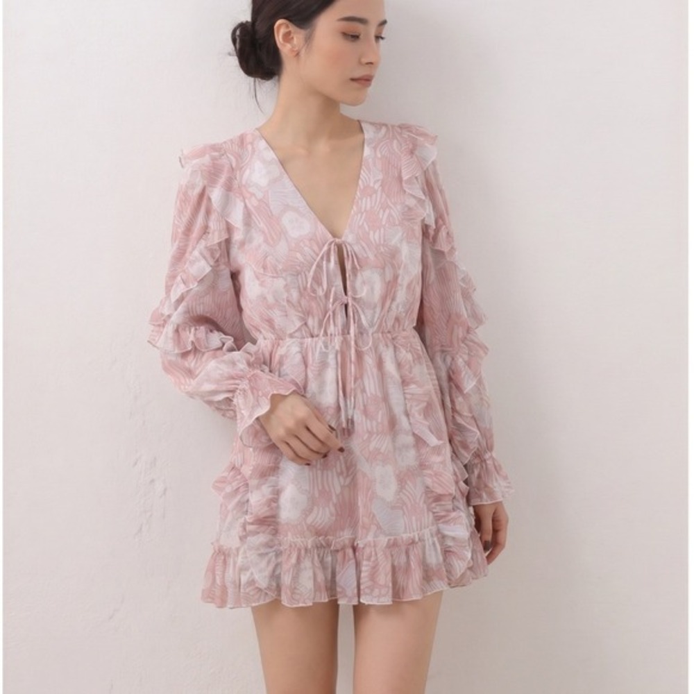 Ted Baker‎ Pink Abstract Floral Ruffle Long Sleeve Romper Tie Front Size 3 US 8